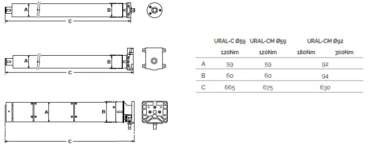 URCM92180 - URAL - URCM92180 trubkový pohon s manuálním odblokováním pro rolovací vrata a žaluzie až do váhy 282kg, průměr 92mm (včetně adaptéru 101,6mm)