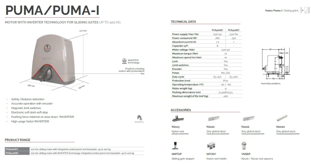 PUS400EIC - PUMA pohon s invertorem pro posuvné brány do 400kg
