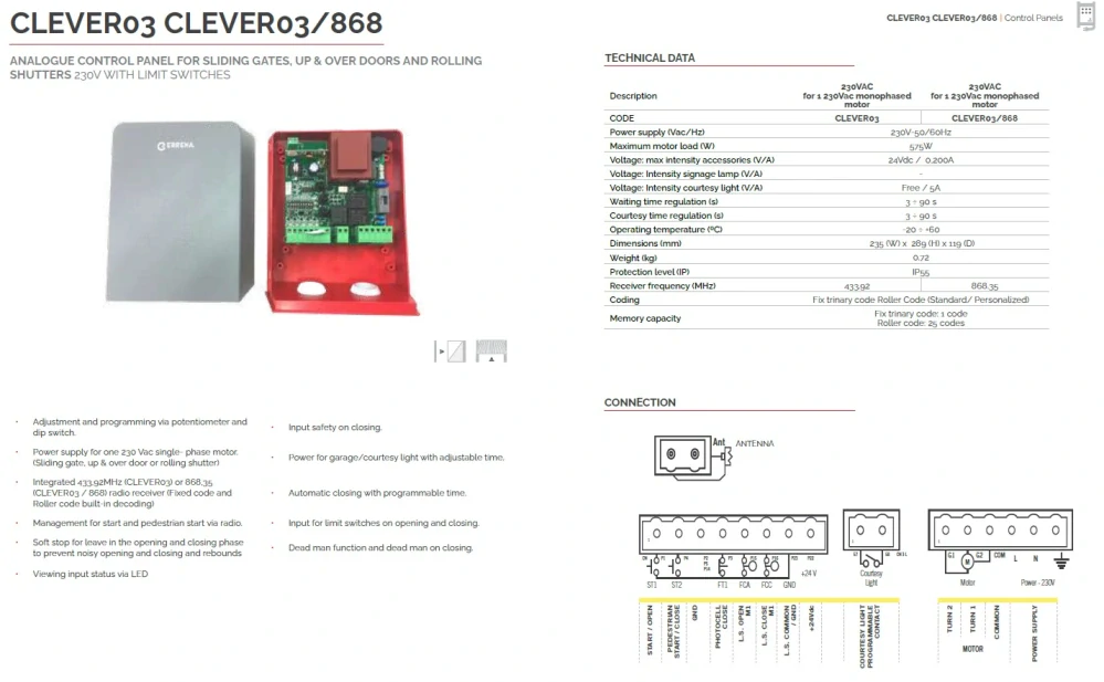 CLEVER03 - Jednoduchá analogová řídící jednotka pro jeden pohon na 230 Vac