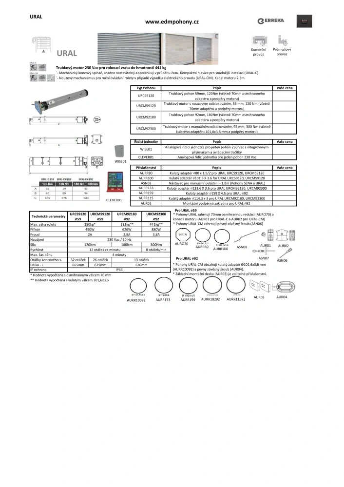 URCM59120 - URAL - URCM59120 trubkový pohon s manuálním odblokováním pro rolovací vrata a žaluzie až do váhy 180kg, průměr 59mm (včetně adaptéru 70mm)