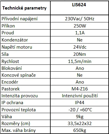 LIS624 - LINCE pohon pro posuvné brány do 650kg s motorem na 24Vdc